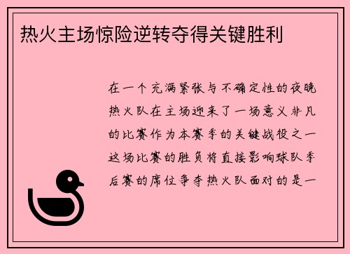 热火主场惊险逆转夺得关键胜利